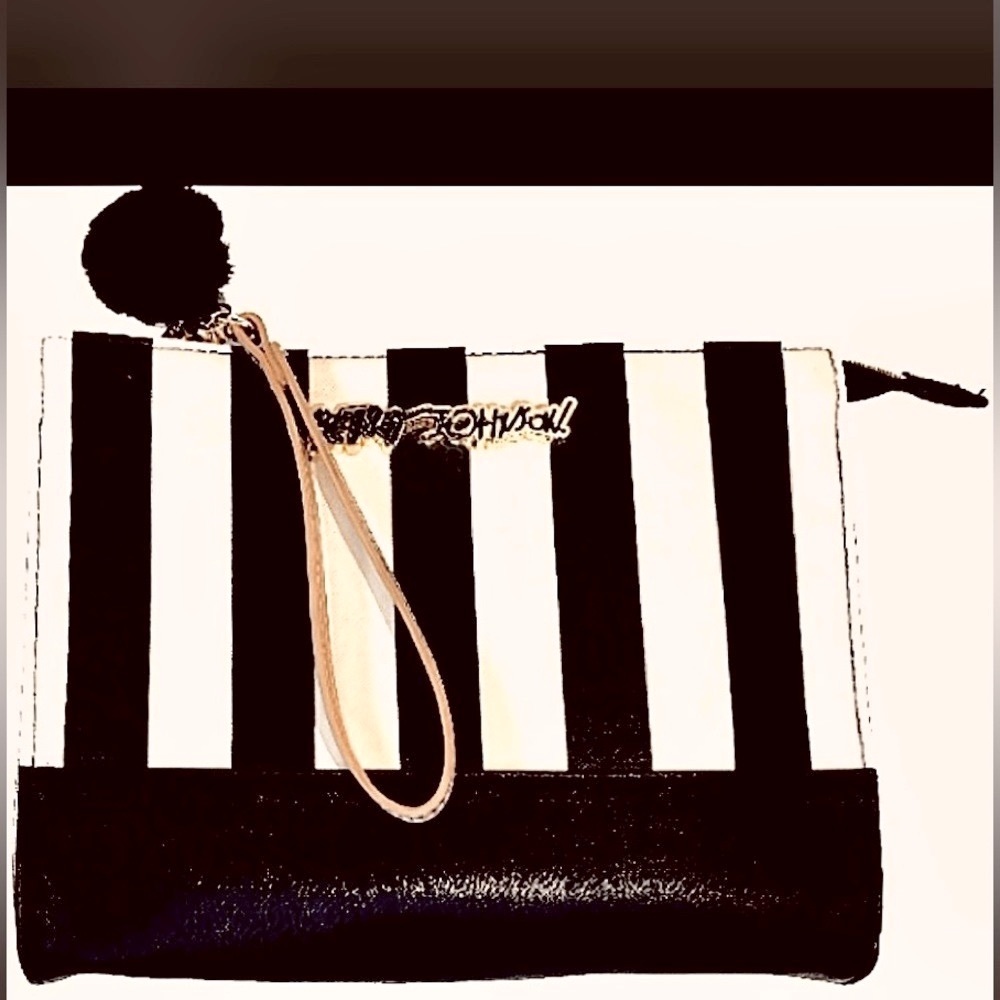 BETSEY JOHNSON BLACK CREAM STRIPED MAKEUP BAG CLUTCH PURSE BAG TOTE LARGE 1…